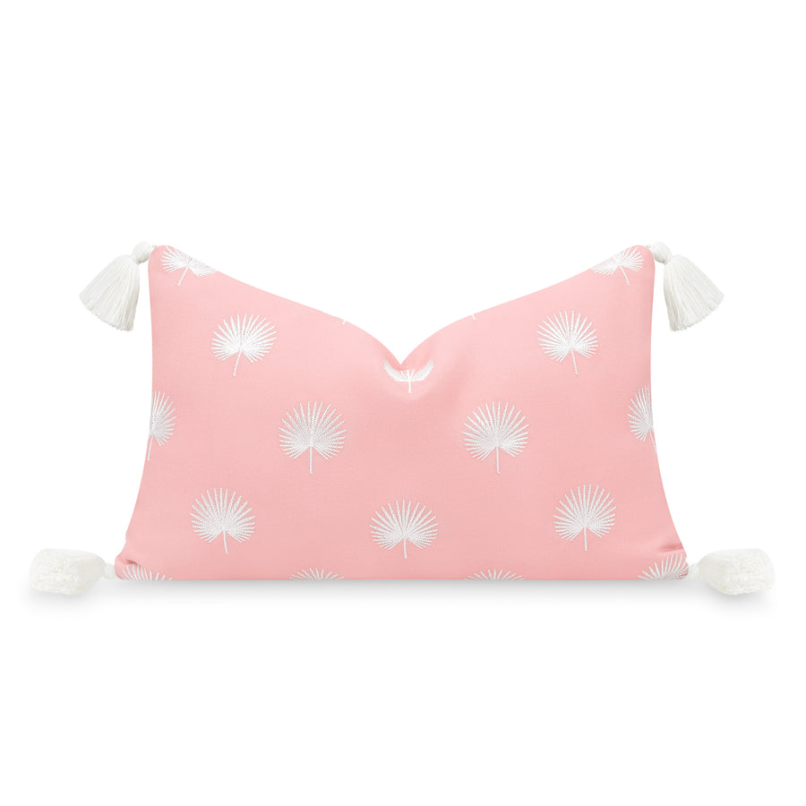 Coastal Indoor Outdoor Lumbar Pillow Cover, Embroidered Palm Leaf Tassel, Blush Pink, 12