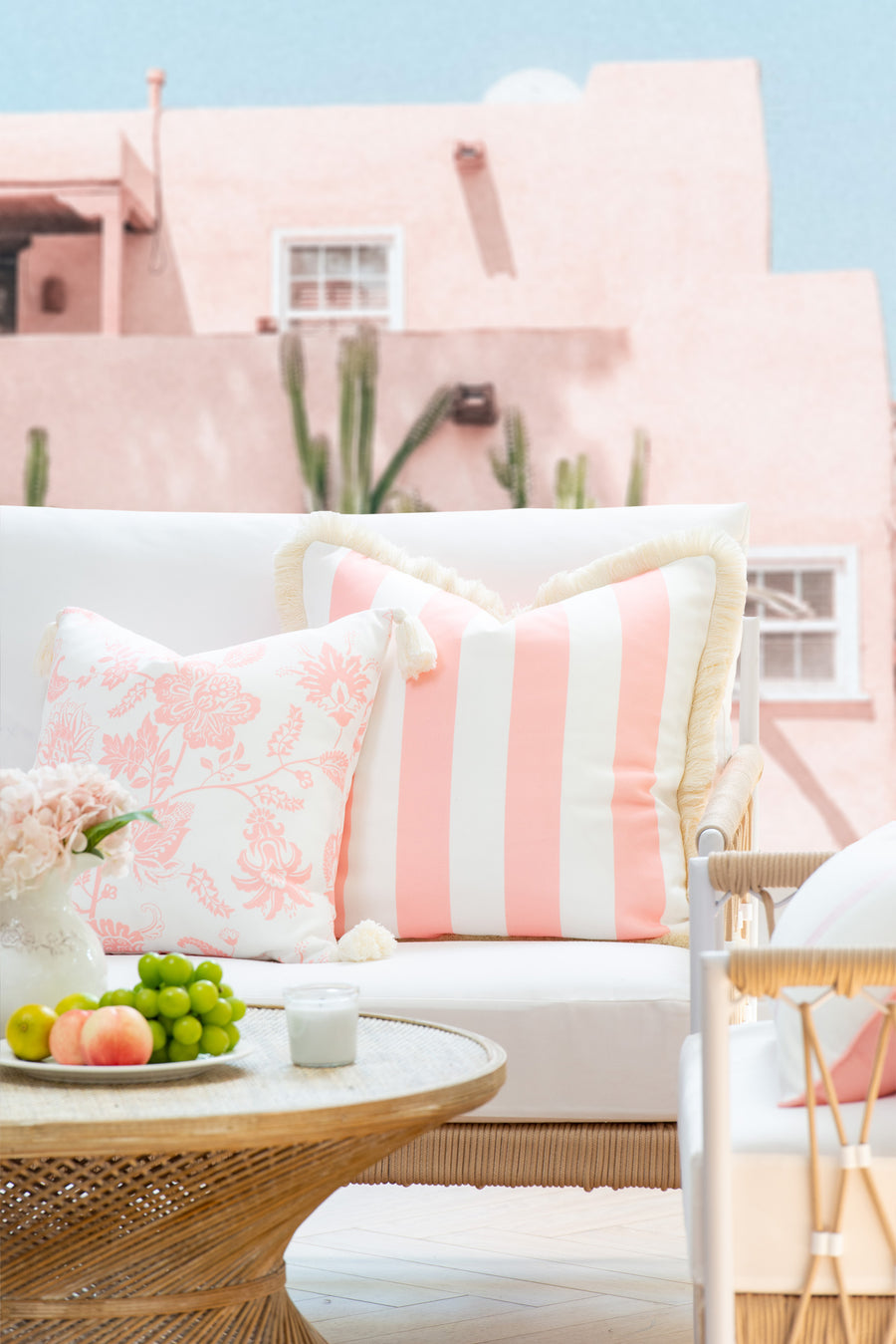 Coastal Indoor Outdoor Pillow Cover, Stripe Fringe, Blush Pink, 20