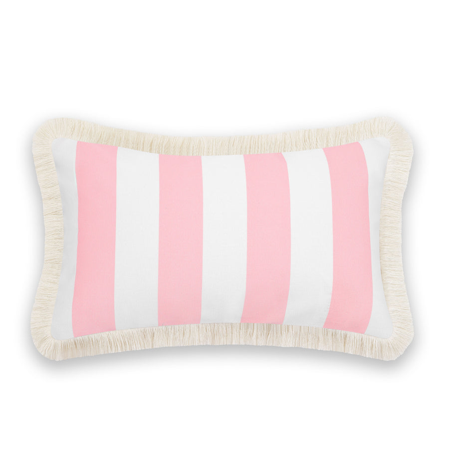Coastal Indoor Outdoor Lumbar Pillow Cover, Stripe Fringe, Blush Pink, 12
