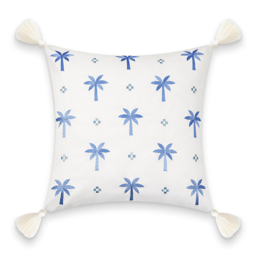 Coastal Indoor Outdoor Pillow Cover, Embroidered Coconut Tree Tassel, Cornflower Blue, 20