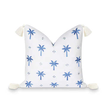 Coastal Indoor Outdoor Pillow Cover, Embroidered Coconut Tree Tassel, Cornflower Blue, 20