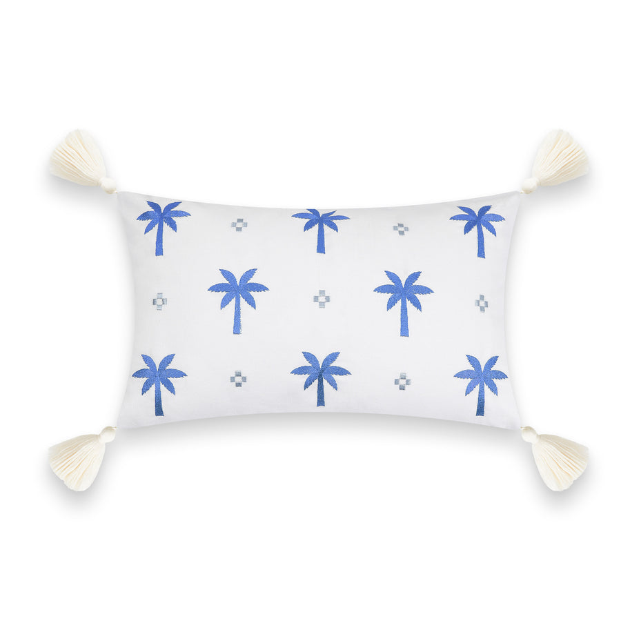 Coastal Indoor Outdoor Lumbar Pillow Cover, Embroidered Coconut Tree Tassel, Cornflower Blue, 12
