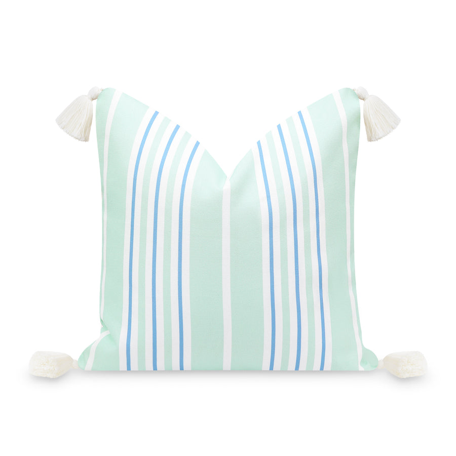 Coastal Indoor Outdoor Pillow Cover, Stripe Tassel, Muted Aqua Cornflower Blue, 18