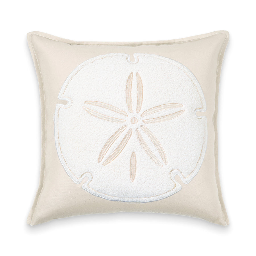 Coastal Indoor Outdoor Pillow Cover, Embroidered Sand Dollar, Neutral Tan, 20