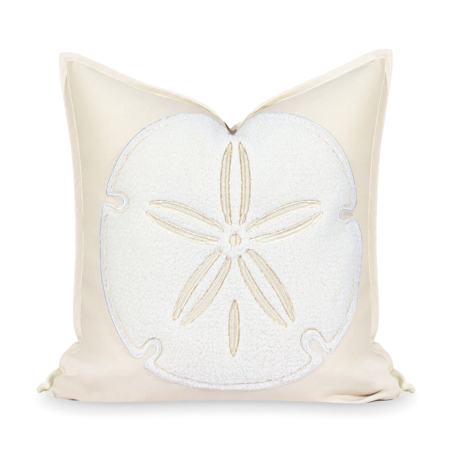 Coastal Indoor Outdoor Pillow Cover, Embroidered Sand Dollar, Neutral Tan, 20