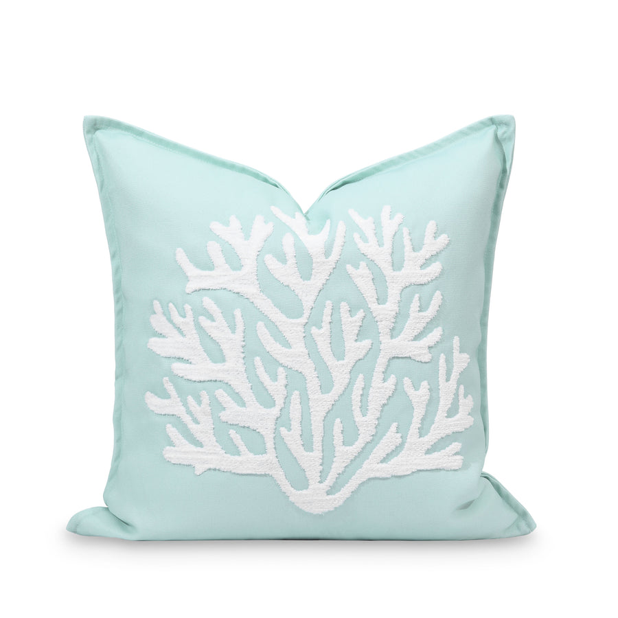 Coastal Indoor Outdoor Pillow Cover, Embroidered Coral, Muted Aqua, 20