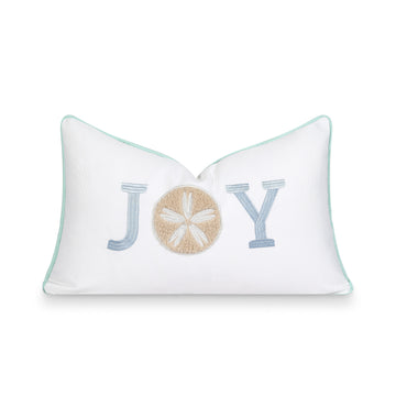 Coastal Christams Indoor Outdoor Lumbar Pillow Cover, Embroidered Joy, Baby Blue, 12