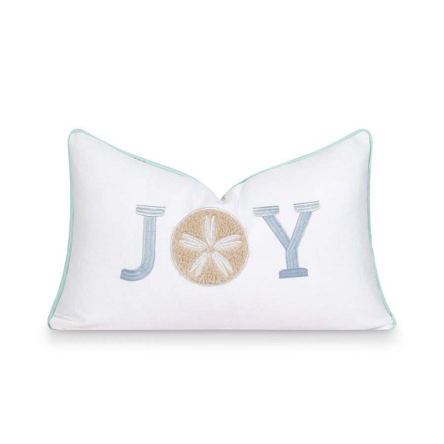 Coastal Christams Indoor Outdoor Lumbar Pillow Cover, Embroidered Joy, Baby Blue, 12