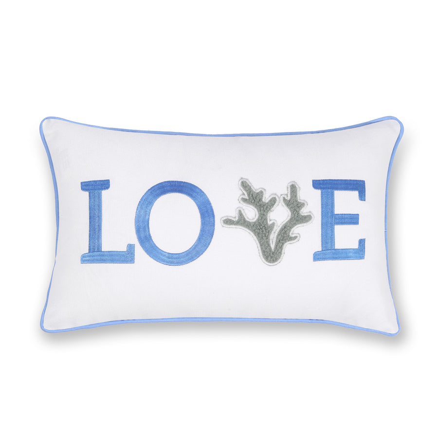 Coastal Christams Indoor Outdoor Lumbar Pillow Cover, Embroidered Love, Cornflower Blue, 12