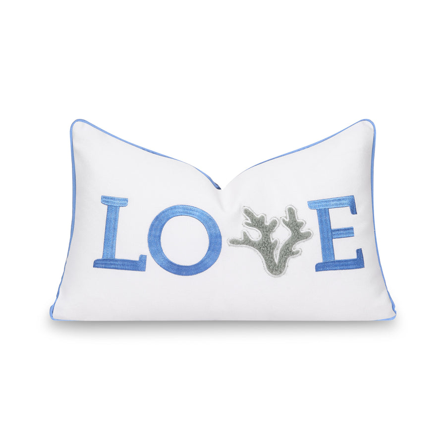 Coastal Christams Indoor Outdoor Lumbar Pillow Cover, Embroidered Love, Cornflower Blue, 12