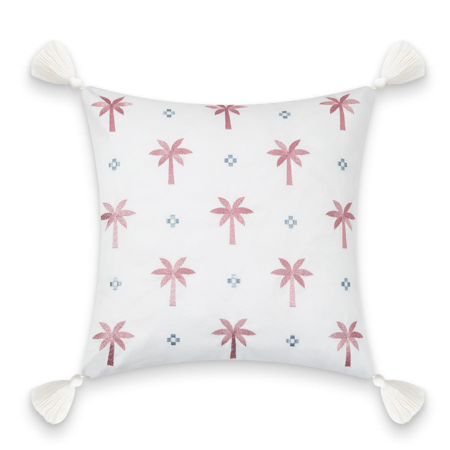 Coastal Indoor Outdoor Pillow Cover, Embroidered Coconut Tree Tassel, Baby Blue Blush Pink, 20