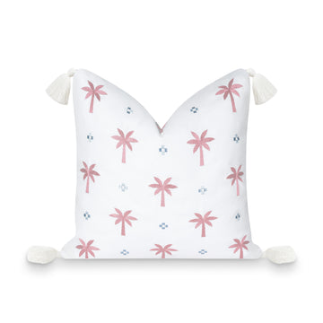 Coastal Indoor Outdoor Pillow Cover, Embroidered Coconut Tree Tassel, Baby Blue Blush Pink, 20