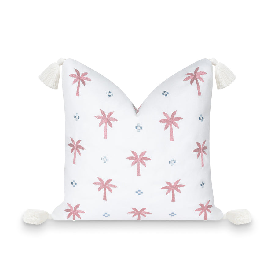 Coastal Indoor Outdoor Pillow Cover, Embroidered Coconut Tree Tassel, Baby Blue Blush Pink, 20