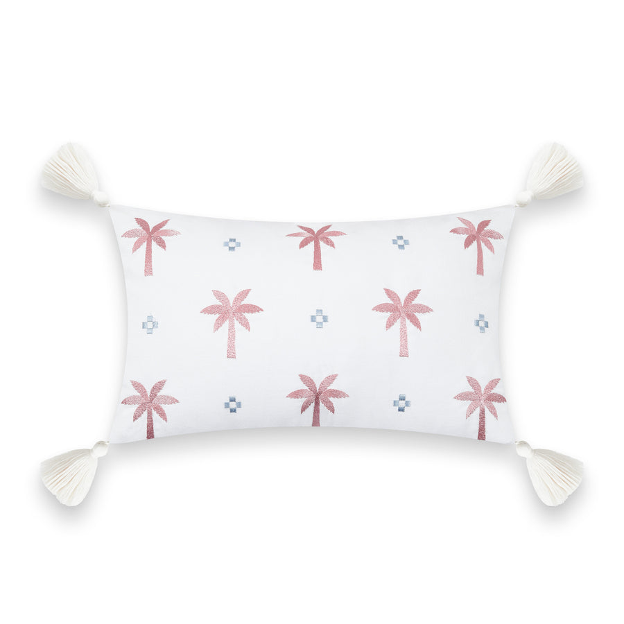 Coastal Indoor Outdoor Lumbar Pillow Cover, Embroidered Coconut Tree Tassel, Baby Blue Blush Pink, 12