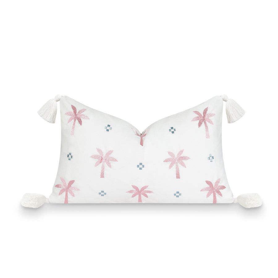 Coastal Indoor Outdoor Lumbar Pillow Cover, Embroidered Coconut Tree Tassel, Baby Blue Blush Pink, 12