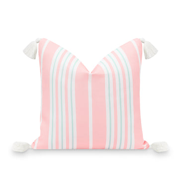 Coastal Indoor Outdoor Pillow Cover, Stripe Tassel, Muted Aqua Blush Pink, 18