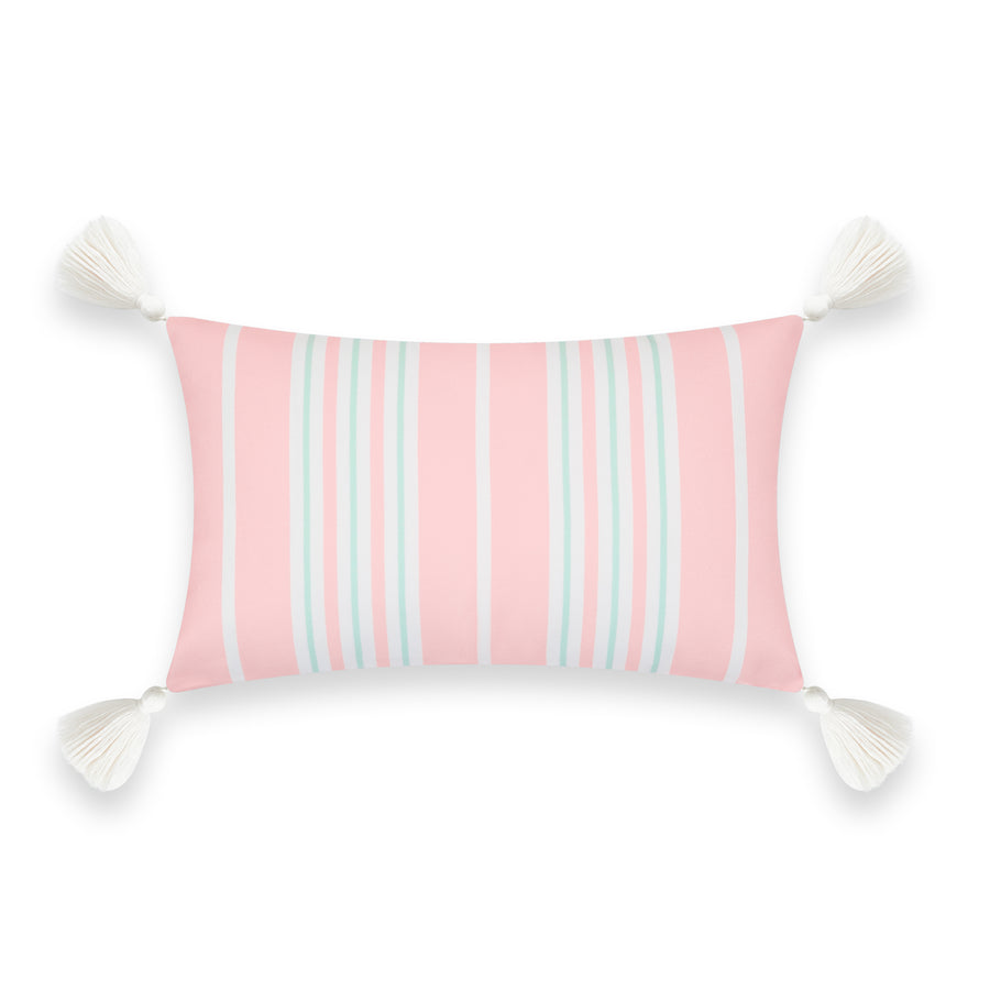 Coastal Indoor Outdoor Lumbar Pillow Cover, Stripe Tassel, Muted Aqua Blush Pink, 12