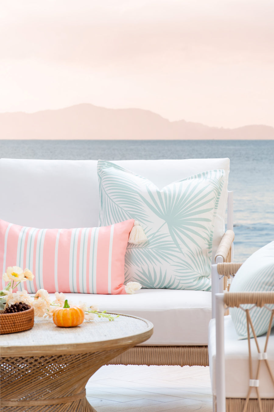 Coastal Indoor Outdoor Lumbar Pillow Cover, Stripe Tassel, Muted Aqua Blush Pink, 12