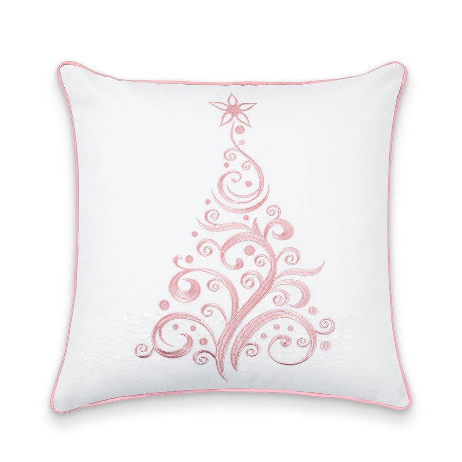 Coastal Christams Indoor Outdoor Pillow Cover, Embroidered Christmas Tree, Blush Pink, 20