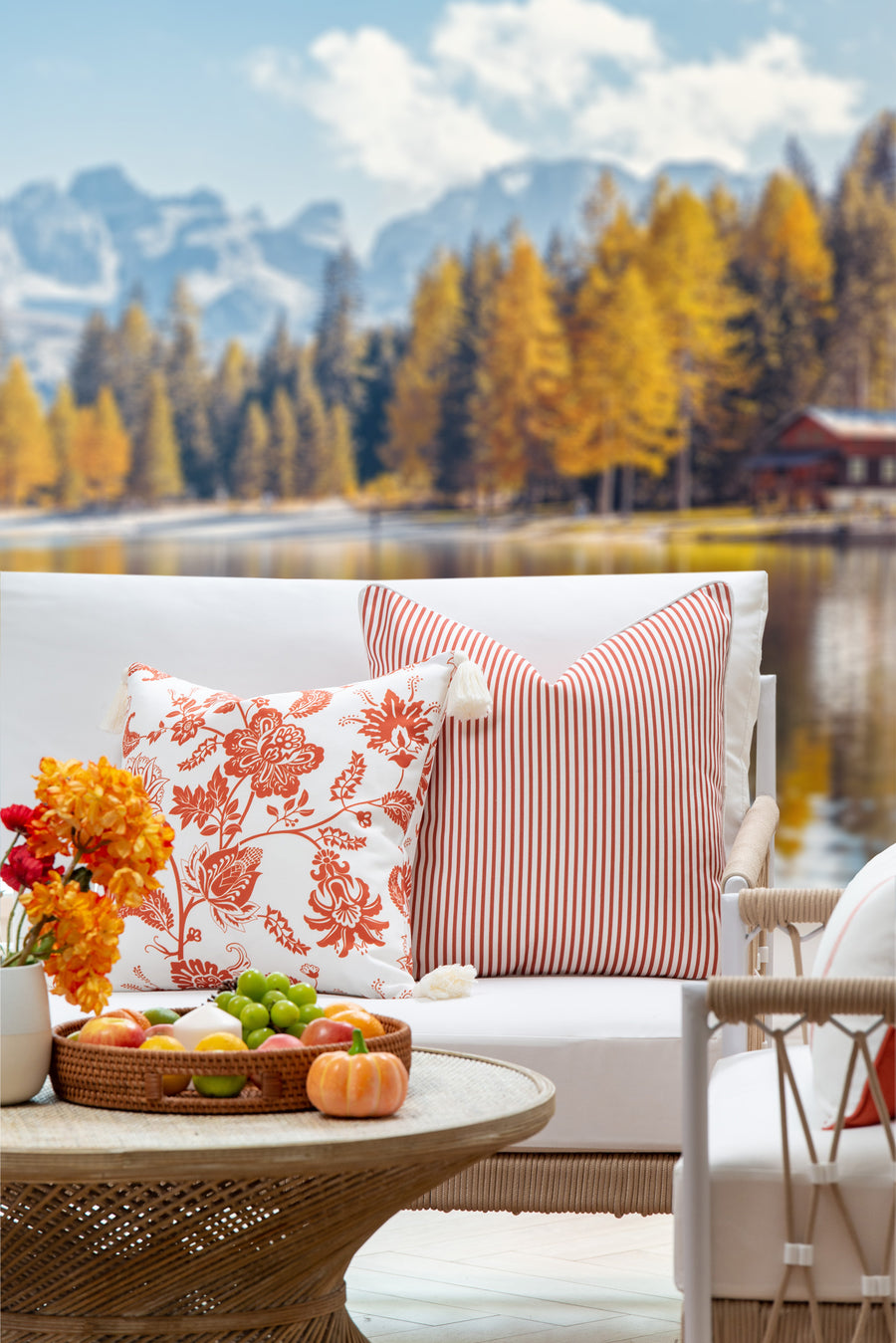 Fall Coastal Indoor Outdoor Pillow Cover, Floral Tassel, Rust Orange, 18