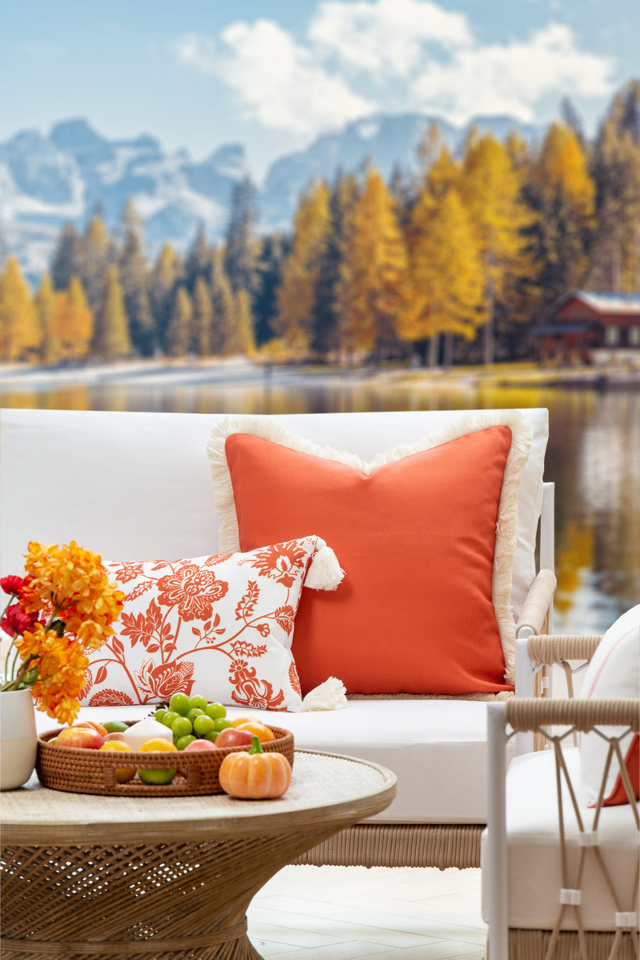 Fall Coastal Indoor Outdoor Lumbar Pillow Cover, Floral Tassel, Rust Orange, 12
