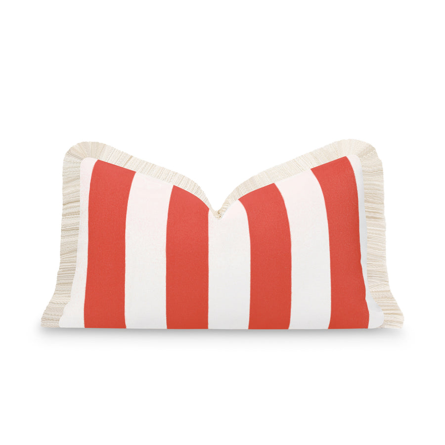 Fall Coastal Indoor Outdoor Lumbar Pillow Cover, Stripe Fringe, Rust Orange, 12