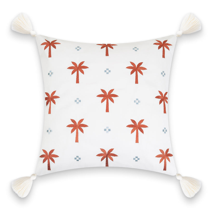 Fall Coastal Indoor Outdoor Pillow Cover, Embroidered Coconut Tree Tassel, Rust Orange, 20