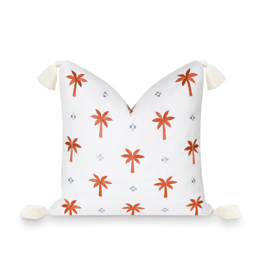 Fall Coastal Indoor Outdoor Pillow Cover, Embroidered Coconut Tree Tassel, Rust Orange, 20