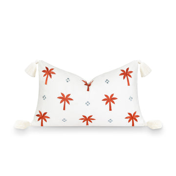 Fall Coastal Indoor Outdoor Lumbar Pillow Cover, Embroidered Coconut Tree Tassel, Rust Orange, 12