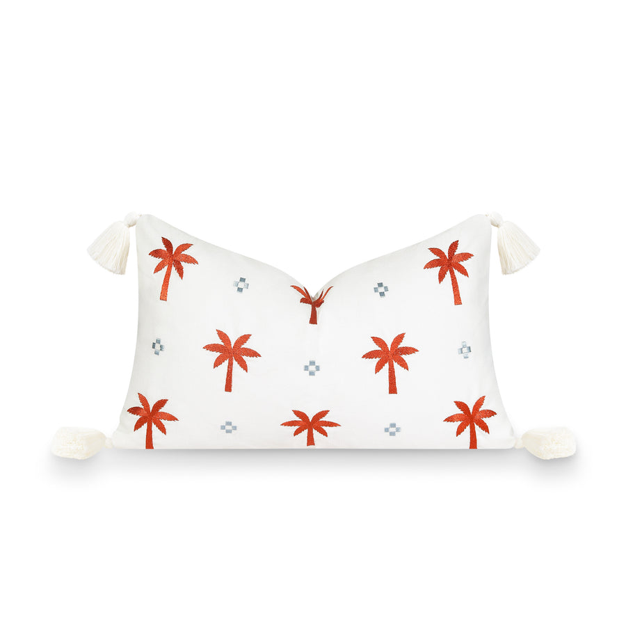 Fall Coastal Indoor Outdoor Lumbar Pillow Cover, Embroidered Coconut Tree Tassel, Rust Orange, 12