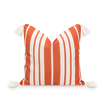 Fall Coastal Indoor Outdoor Pillow Cover, Stripe Tassel, Rust Orange, 18