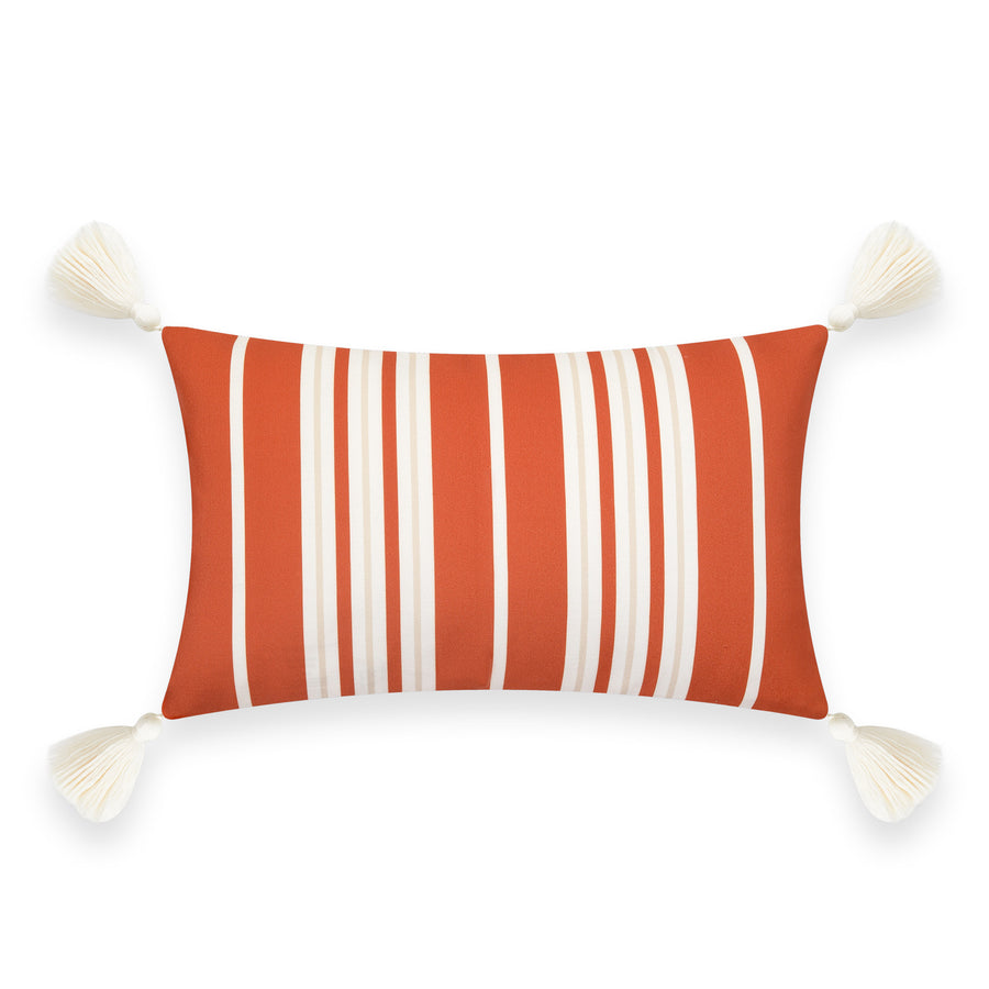 Fall Coastal Indoor Outdoor Lumbar Pillow Cover, Stripe Tassel, Rust Orange, 12