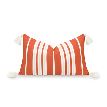 Fall Coastal Indoor Outdoor Lumbar Pillow Cover, Stripe Tassel, Rust Orange, 12