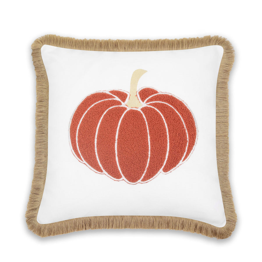 Fall Coastal Indoor Outdoor Pillow Cover, Embroidered Pumpkin with Fringed Trim, Rust Orange, 20