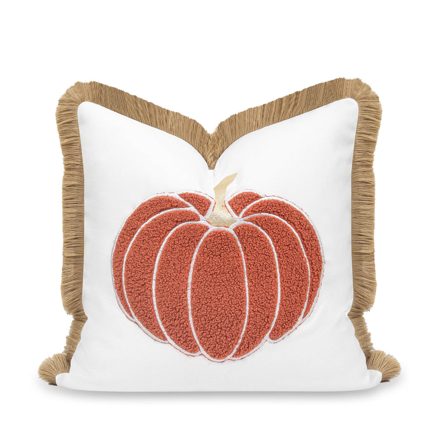 Fall Coastal Indoor Outdoor Pillow Cover, Embroidered Pumpkin with Fringed Trim, Rust Orange, 20