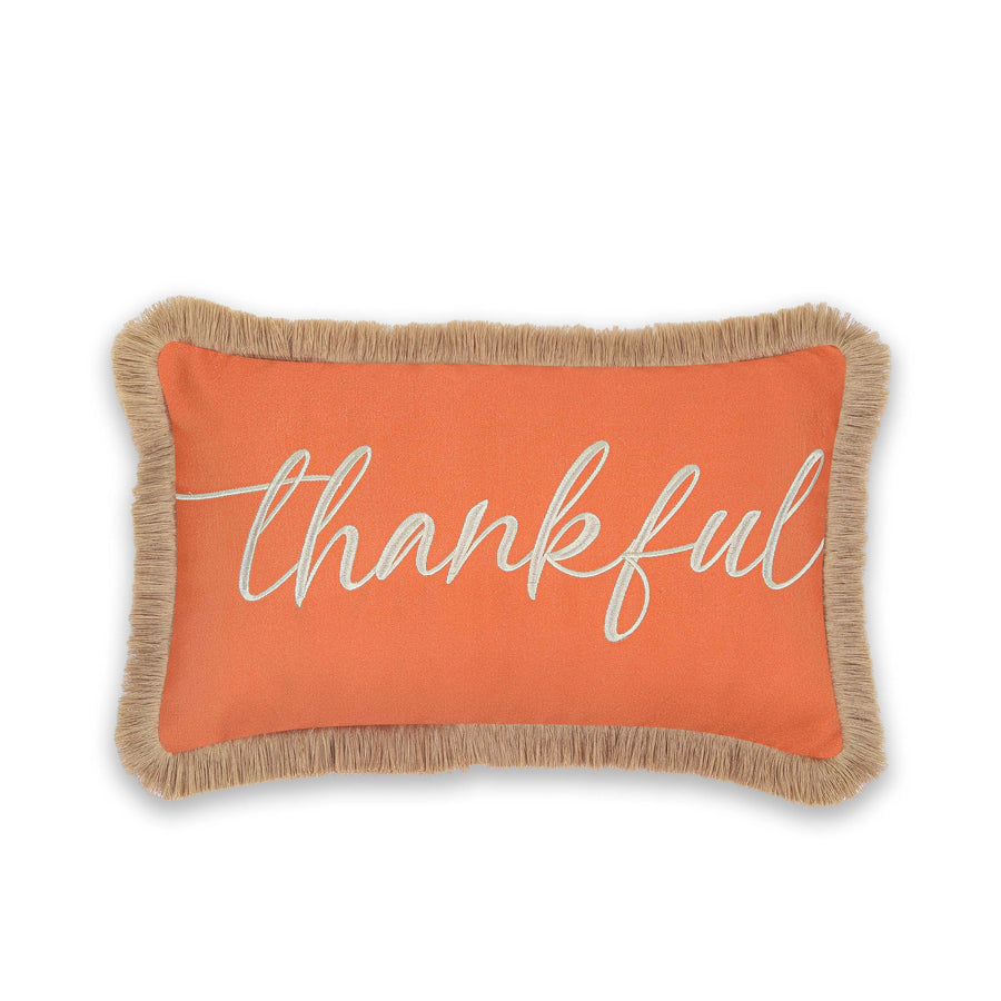 Fall Coastal Indoor Outdoor Lumbar Pillow Cover, Embroidered Thankful with Fringed Trim, Rust Orange, 12