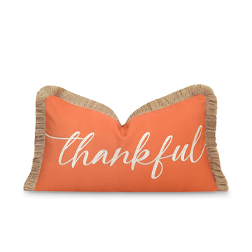 Fall Coastal Indoor Outdoor Lumbar Pillow Cover, Embroidered Thankful with Fringed Trim, Rust Orange, 12