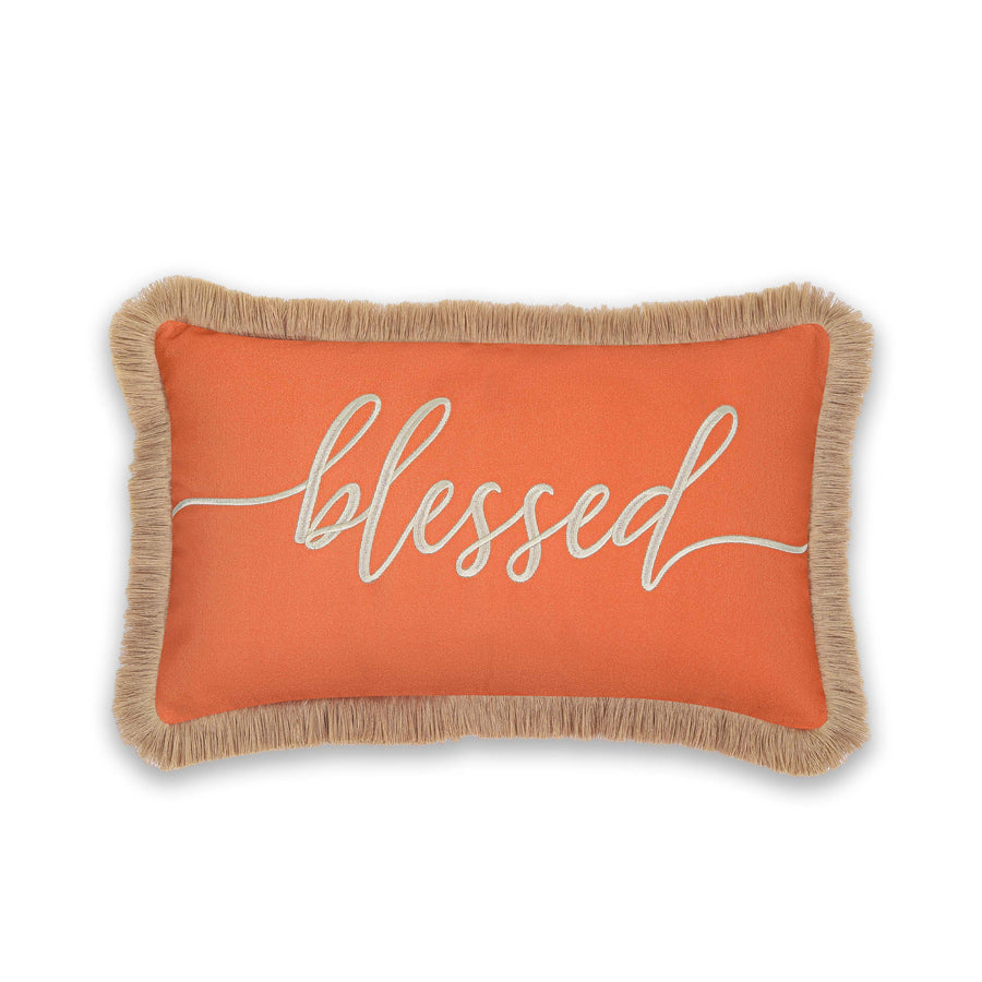 Fall Coastal Indoor Outdoor Lumbar Pillow Cover, Embroidered Blessed with Fringed Trim, Rust Orange, 12