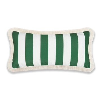 Coastal Indoor Outdoor Long Lumbar Pillow Cover, Stripes with Fringe, Green, 12
