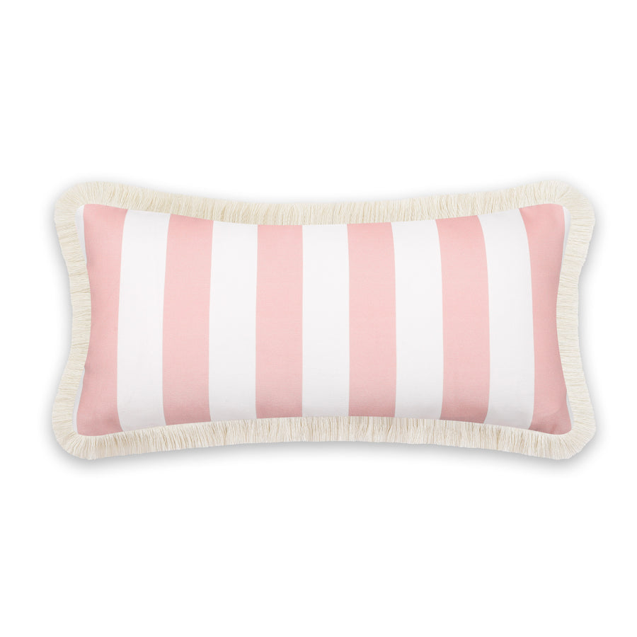 Coastal Indoor Outdoor Long Lumbar Pillow Cover, Stripes with Fringe, Blush Pink, 12