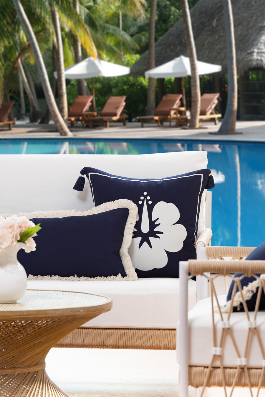 Coastal Outdoor Performance Long Lumbar Pillow Cover, Solid with Fringe, Dark Navy Blue, 12