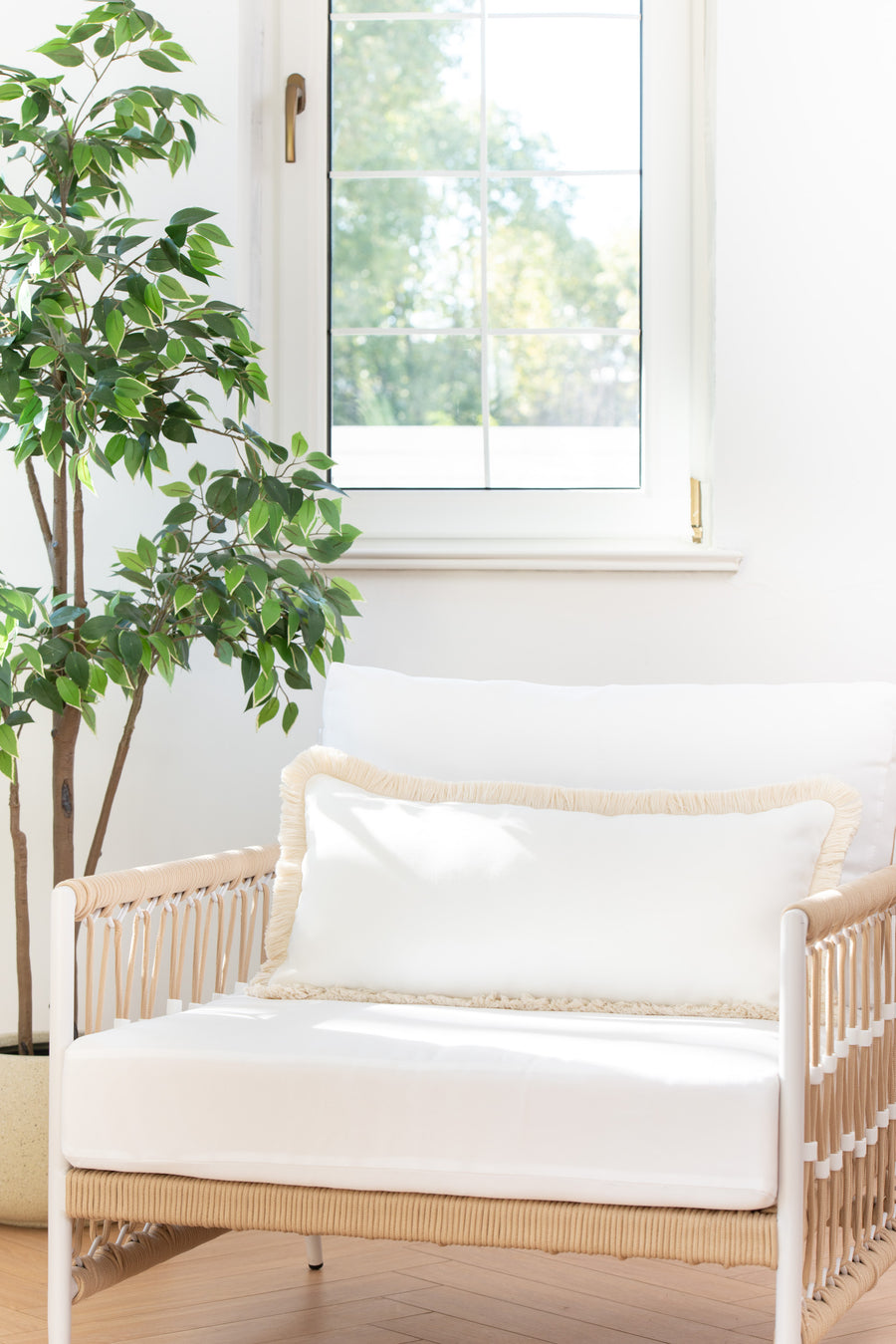 Coastal Indoor Outdoor Long Lumbar Pillow Cover, Solid with Fringe, White, 12