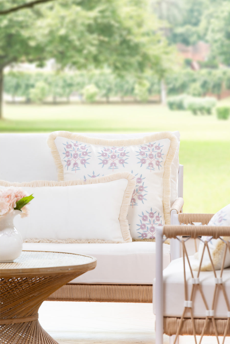 Coastal Indoor Outdoor Long Lumbar Pillow Cover, Solid with Fringe, White, 12