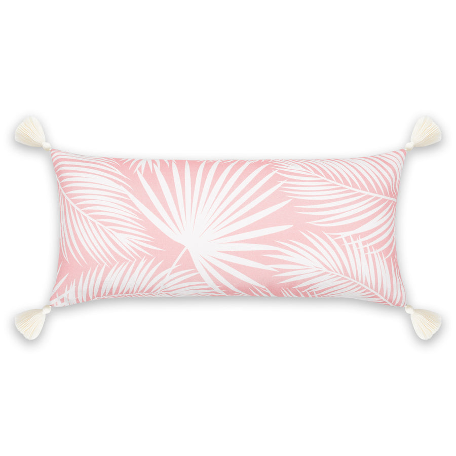 Coastal Indoor Outdoor Long Lumbar Pillow Cover, Palm Leaf with Tassels, Blush Pink, 12