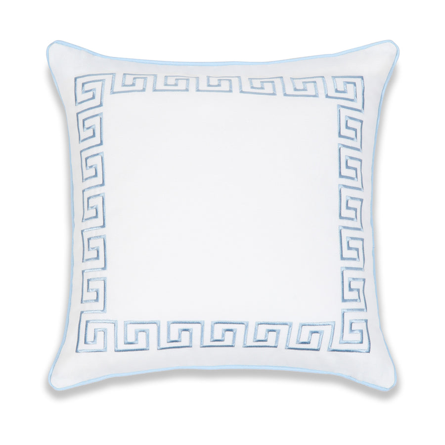 Coastal Indoor Outdoor Throw Pillow Cover, Embroidered Greek Key with Piping, Baby Blue, 20