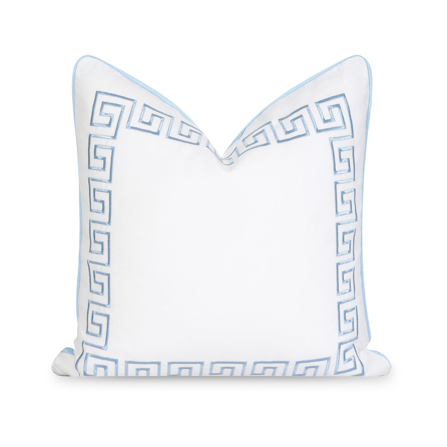 Coastal Indoor Outdoor Throw Pillow Cover, Embroidered Greek Key with Piping, Baby Blue, 20