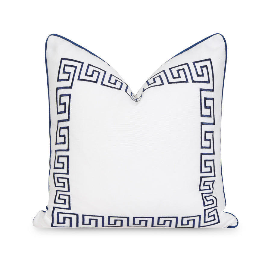 Coastal Indoor Outdoor Throw Pillow Cover, Embroidered Greek Key with Piping, Navy Blue, 20