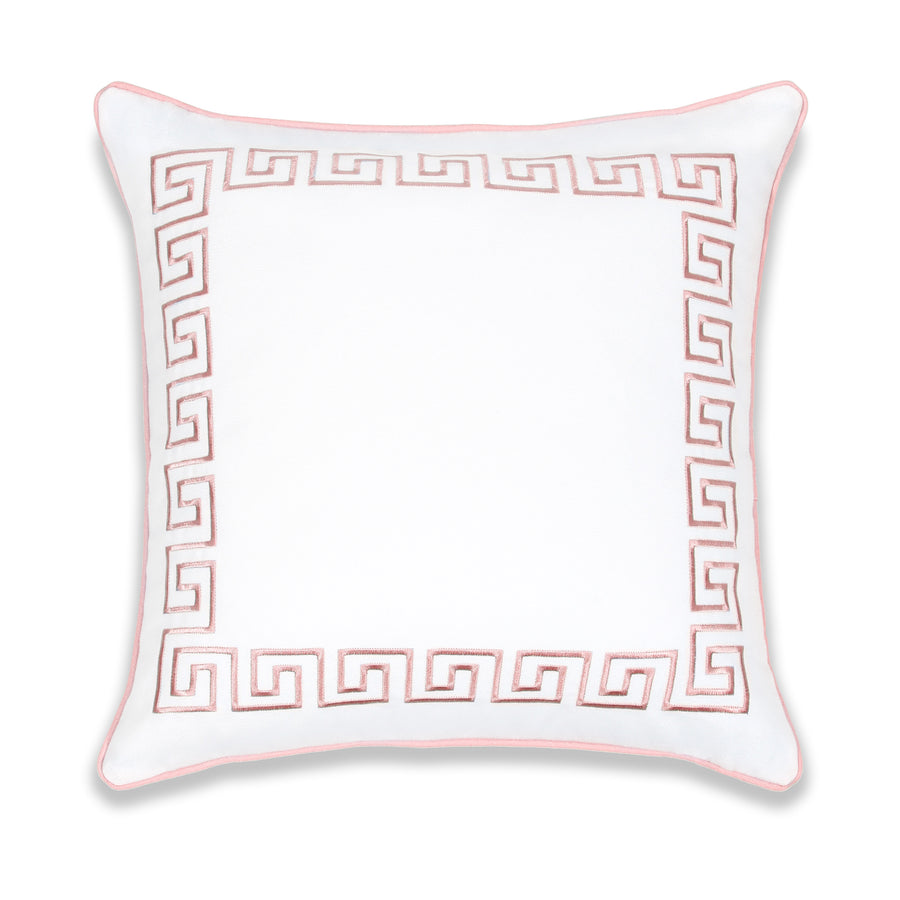 Coastal Indoor Outdoor Throw Pillow Cover, Embroidered Greek Key with Piping, Blush Pink, 20