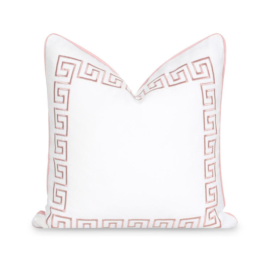 Coastal Indoor Outdoor Throw Pillow Cover, Embroidered Greek Key with Piping, Blush Pink, 20