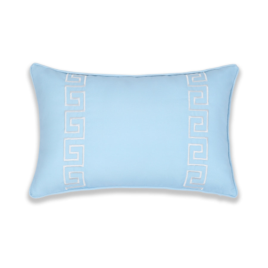 Coastal Indoor Outdoor Lumbar Pillow Cover, Embroidered Greek Key with Piping, Baby Blue, 12